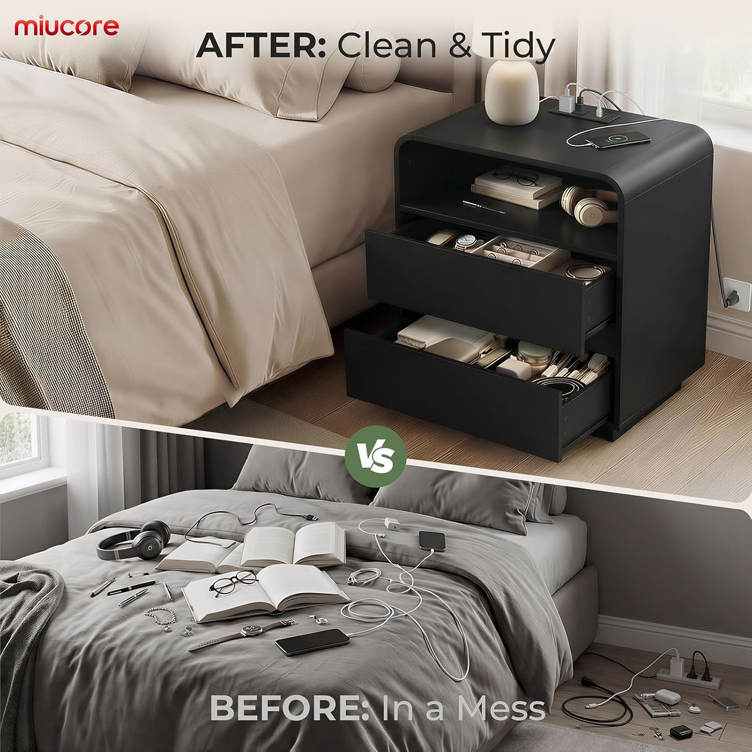 Miucore Black Nightstands Set of 2, Wide Round Bedside Table Set 2 with Charging Station, Large End Table with 2 Drawers Curved Design Modern Nightstand for Bedroom Sofa Home Office