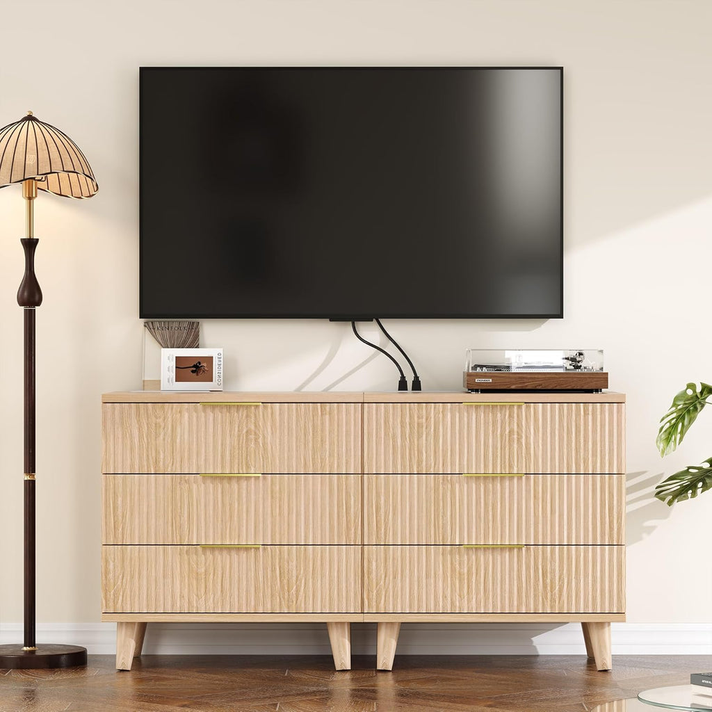 Miucore Fluted nightstands Set of 2, 20 inch Modern Nightstand with Charging Station Wood Bedside End Table with 3 Large Storage Drawers, Tall Side Table for Bedroom Sofa Office Oak Natural