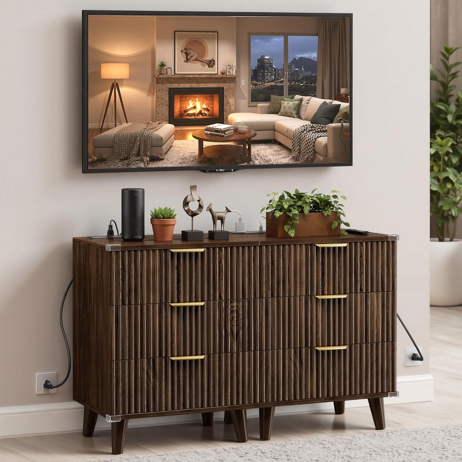 Miucore Walnut Fluted nightstands Set of 2, 20 inch Modern Nightstand with Charging Station Wood Bedside End Table with 3 Large Storage Drawers, Tall Side Table for Bedroom Sofa Office