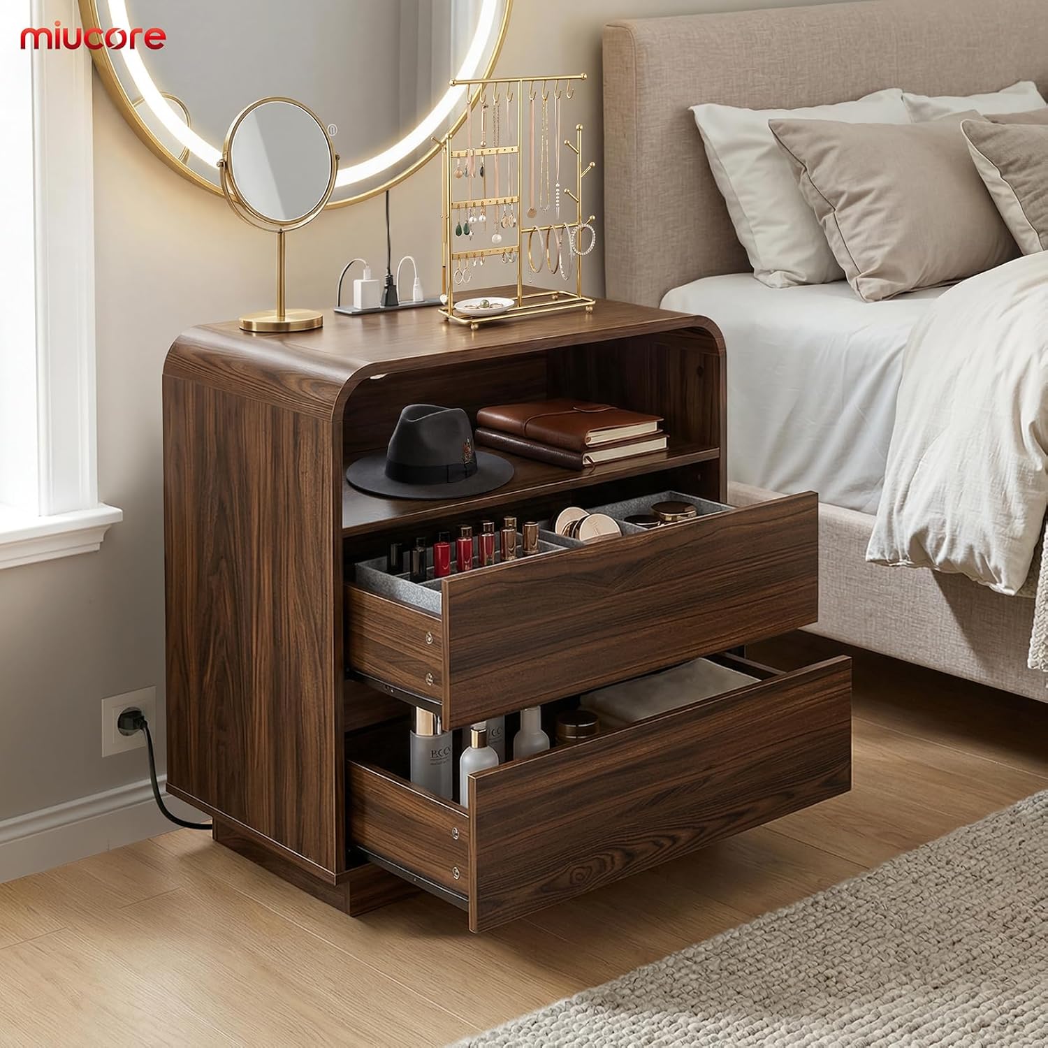 Miucore Nightstands Set of 2, Wide Round Bedside Table Set with Charging Station, Large End Table with 2 Drawers Curved Design Modern Nightstand for Bedroom Sofa Home Office Walnut