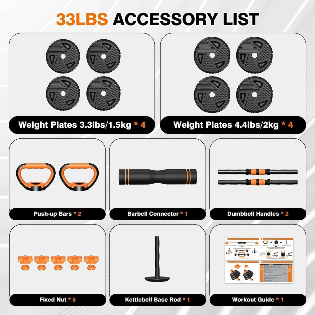 Miucore Adjustable Dumbbell Set, 33lbs Free Weights Set with Connector, 5 in 1 Weights Dumbbells Set Used as Barbell, Kettlebells, Push up Stand, Weight Plate, Fitness Exercise for Home Gym Workout