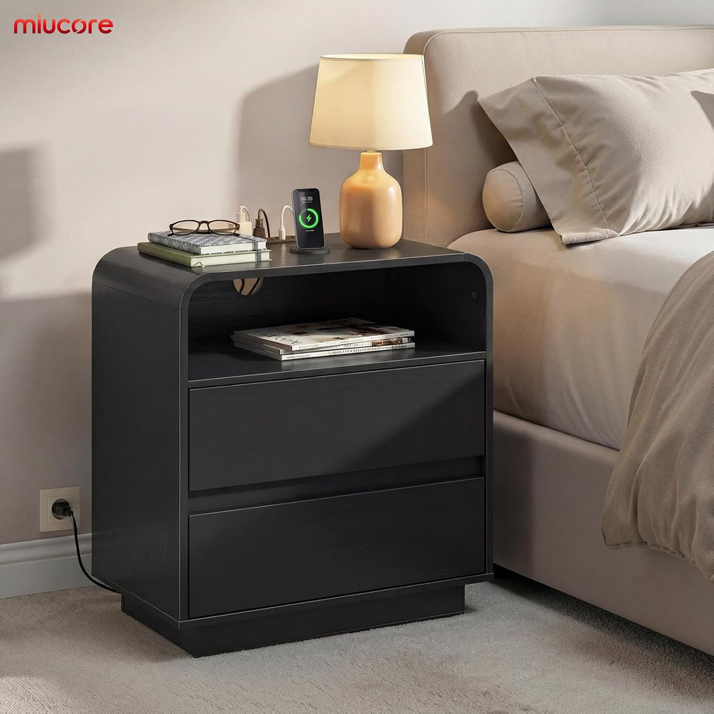 Miucore Black Nightstands Set of 2, Wide Round Bedside Table Set 2 with Charging Station, Large End Table with 2 Drawers Curved Design Modern Nightstand for Bedroom Sofa Home Office
