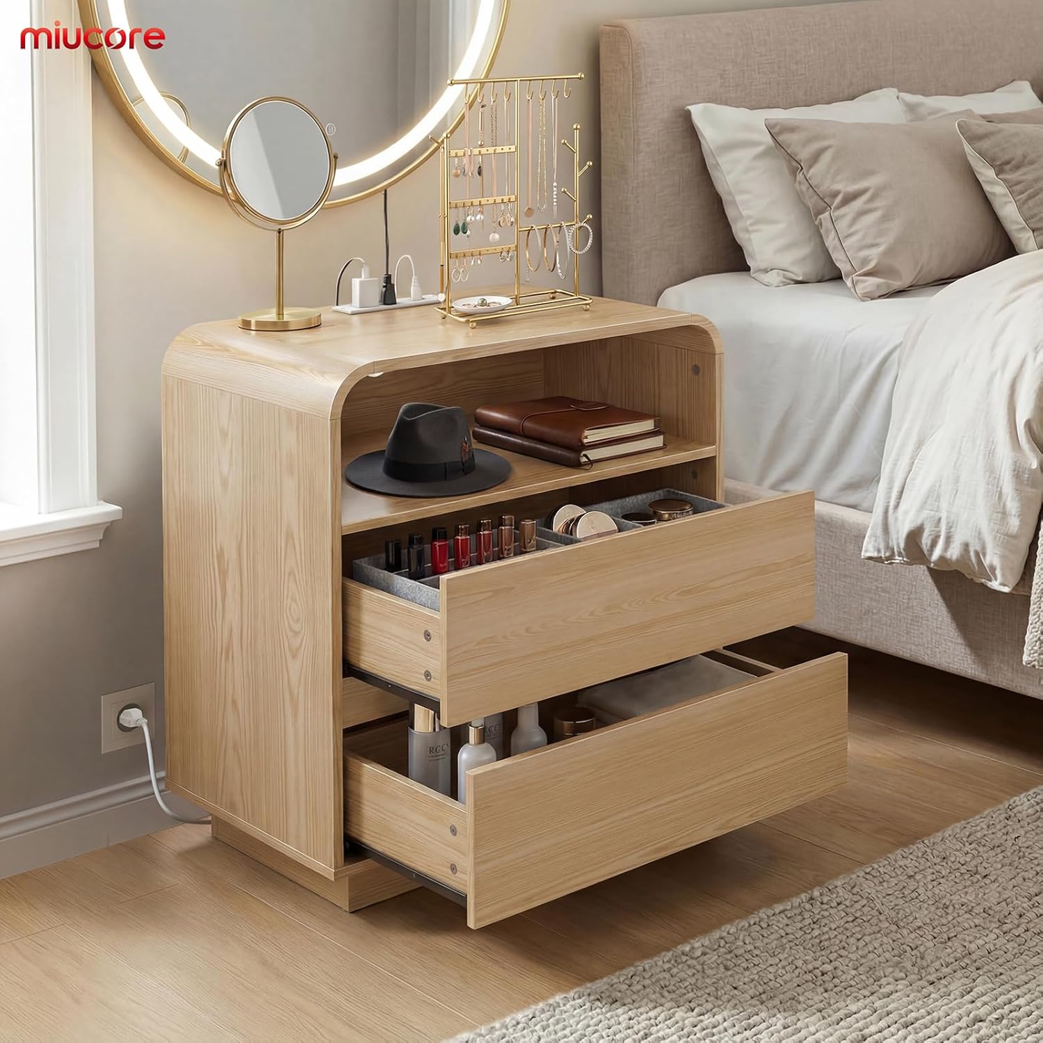 Miucore Nightstands Set of 2, Wide Round Bedside Table Set 2 with Charging Station, Large End Table with 2 Drawers Curved Design Modern Nightstand for Bedroom Sofa Home Office Oak Natural