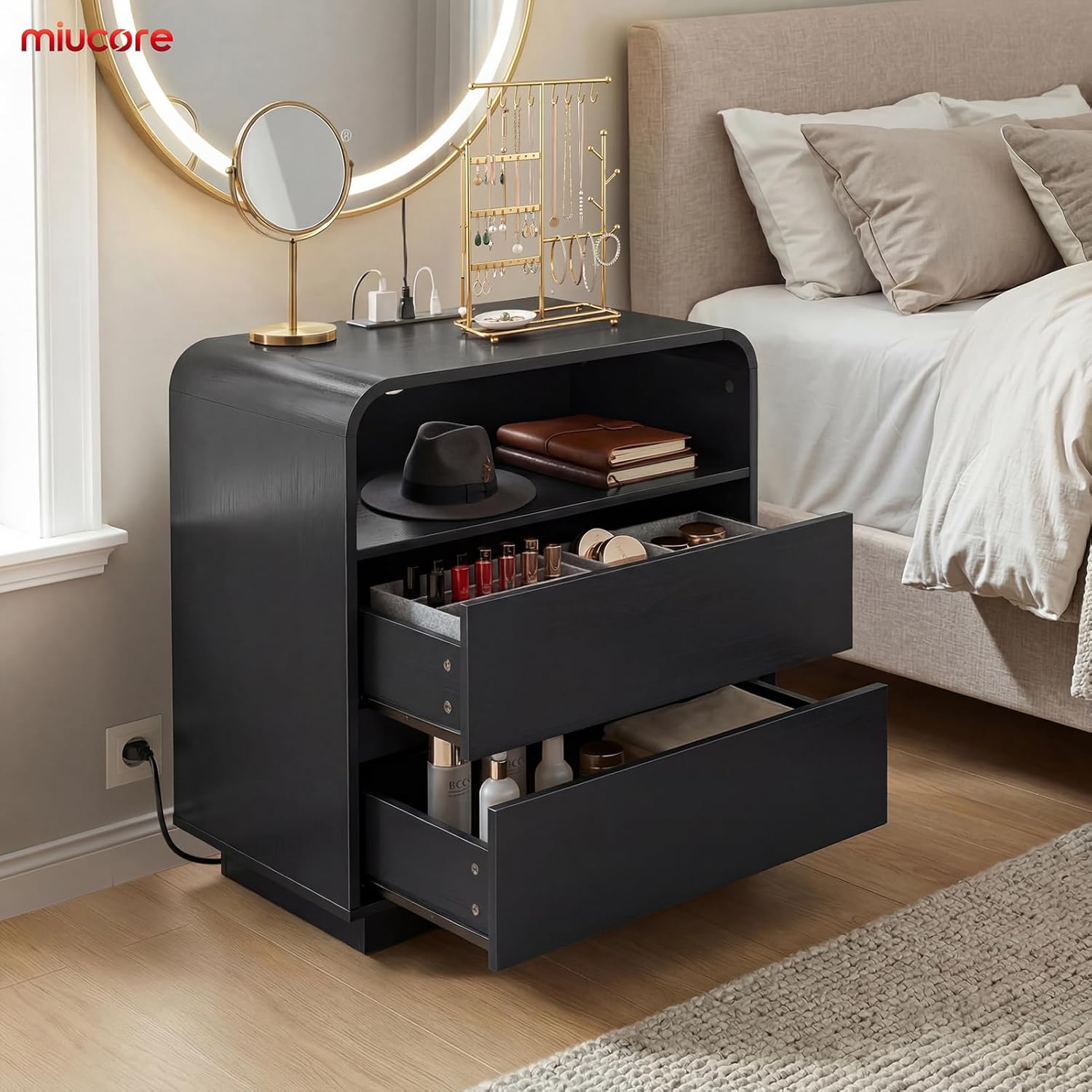 Miucore Black Nightstands Set of 2, Wide Round Bedside Table Set 2 with Charging Station, Large End Table with 2 Drawers Curved Design Modern Nightstand for Bedroom Sofa Home Office